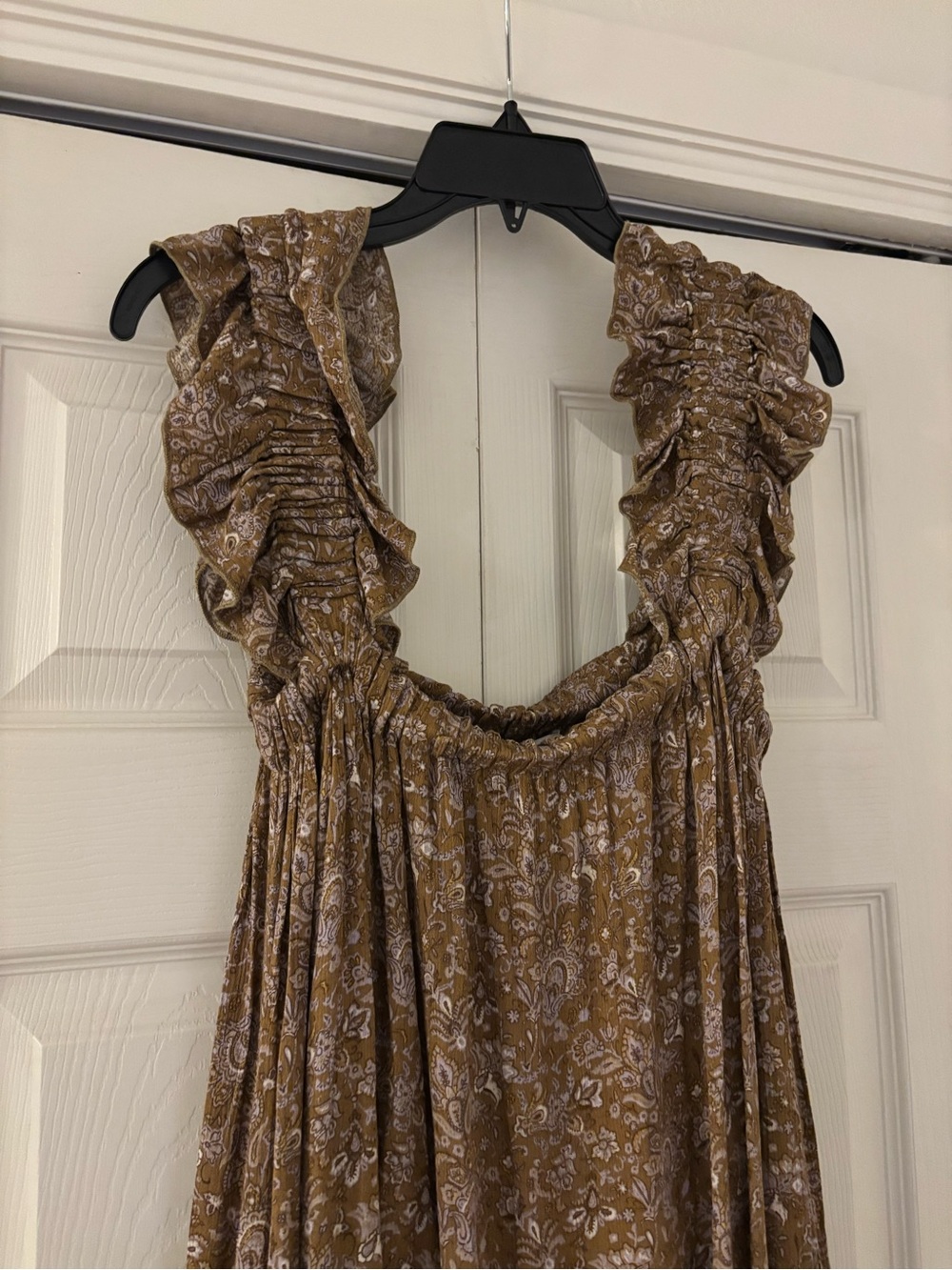 NWT STORY MFG Brown and Gold Ruffled Strap Paisley Maxi Dress - Picture 7 of 12